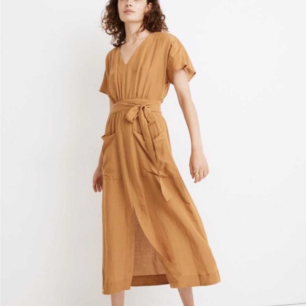 Madewell Linen-Blend Dolman-Sleeve Tie-Waist Midi Dress-size 2- EUC